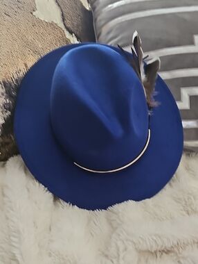 Women’s Royal Blue Felt Fedora Hat with Feather Trim